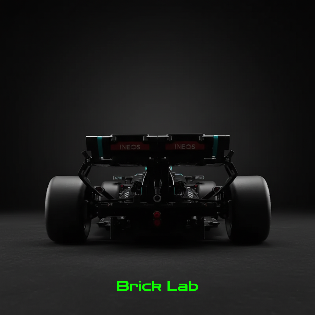 Parte traseira do modelo F1 Mercedes-AMG W14 E em blocos